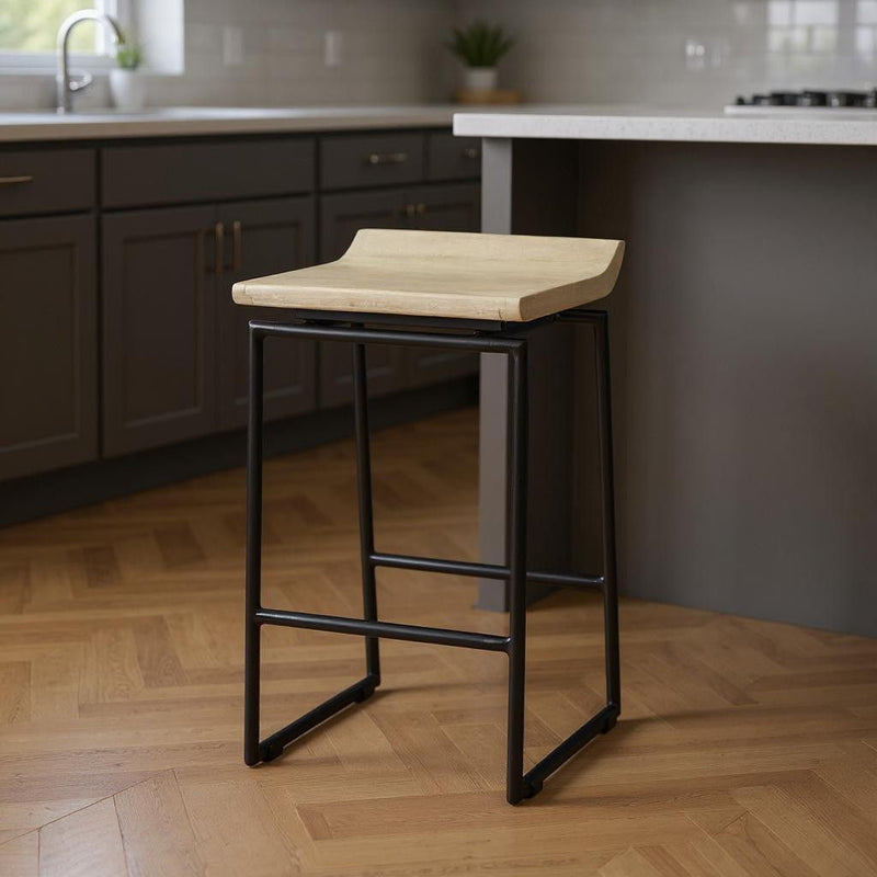 25" Solid Wood And Metal Low Back Counter Height Bar Chair - Black / Natural