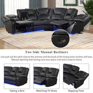 Modern Faux Leather Manual Reclining with Center Console with LED Light Strip,Living Room Furniture Set,PU Symmetrical Couch with 2 Cup Holders and Storage for Living room,Black