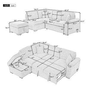 87.4" Sleeper Sofa Bed,2 in 1 Pull Out sofa bed L Shape Couch with Storage Ottoman for Living Room,Bedroom Couch and Small Apartment, Gray