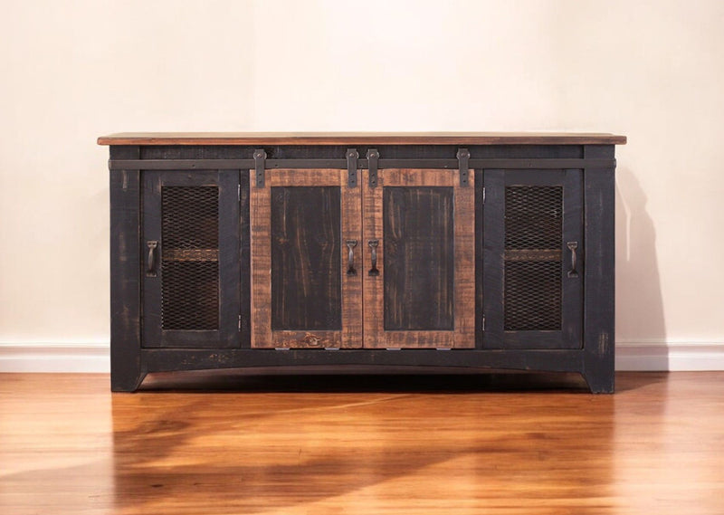 Cabinet Enclosed Storage Distressed TV Stand - Black