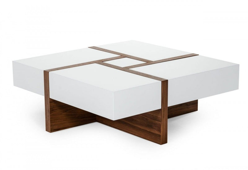 Modern Square Coffee Table With Storage - White And Walnut