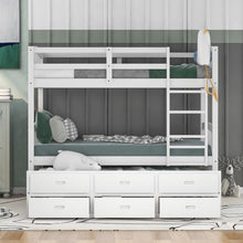 Load image into Gallery viewer, Twin over Twin Wood Bunk Bed with Trundle and Drawers,White
