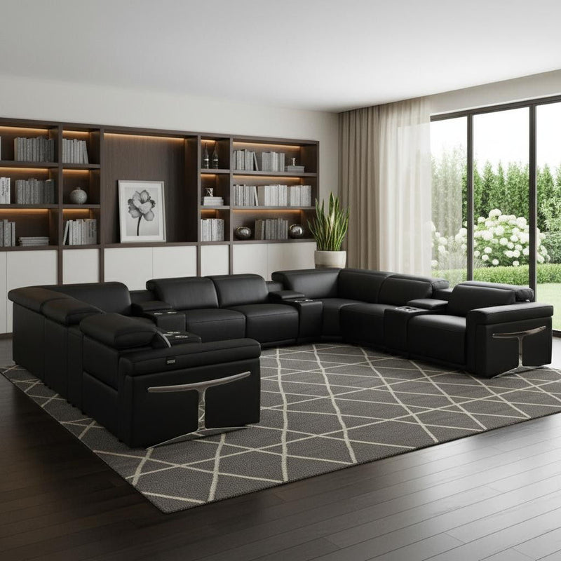 Italian Leather Power Reclining U Shaped Twelve Piece Sectional With Console - Black