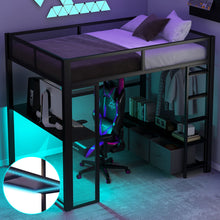 Load image into Gallery viewer, Full Size Gaming Loft Bed With LED Desk, Open Wardrobe, 3 Linen Storage Drawers - Black
