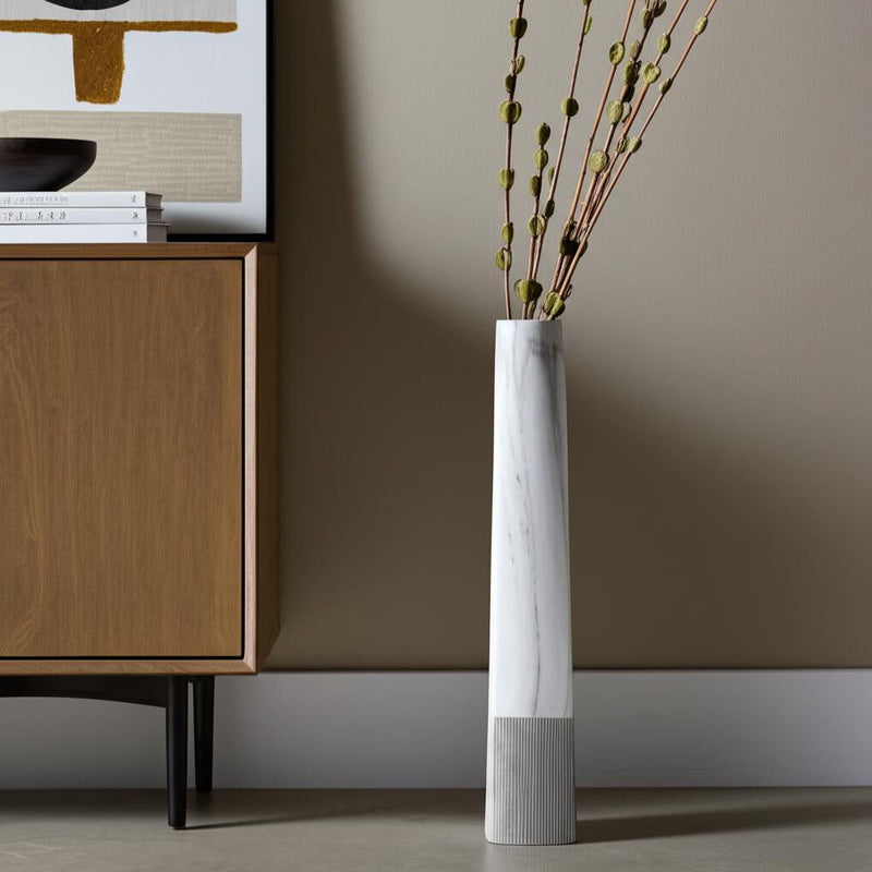 Faux Marble Tapered Floor Vase - White