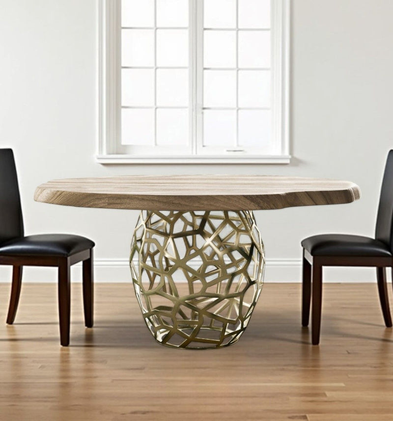 63" Rounded Solid Wood And Iron Pedestal Base Dining Table - Brown