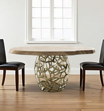 Load image into Gallery viewer, 63" Rounded Solid Wood And Iron Pedestal Base Dining Table - Brown
