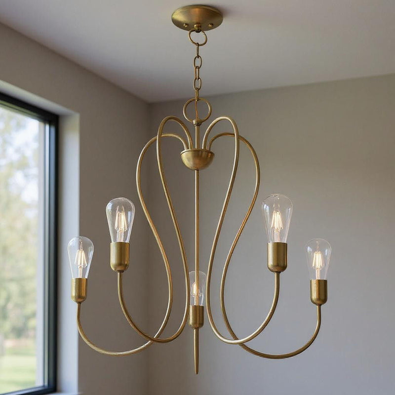 25" Five Light Dimmable Chandelier With Shades - Antiqued Brass