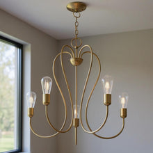 Load image into Gallery viewer, 25" Five Light Dimmable Chandelier With Shades - Antiqued Brass
