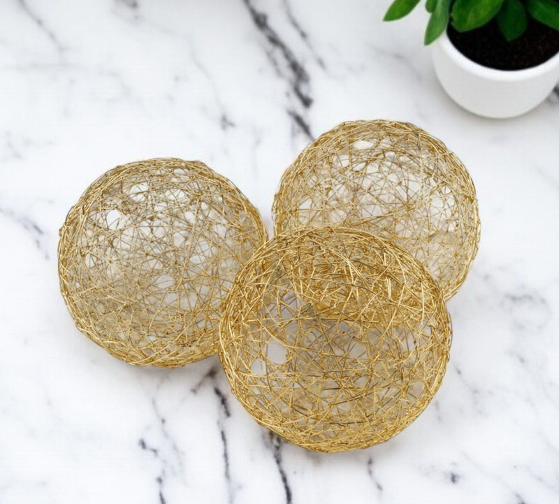 Wire Five Inch Decorative Orbs (Set of 3) - Gold
