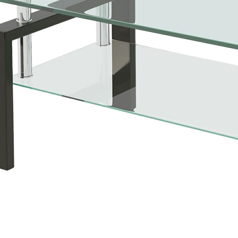 39" Glass And Steel Coffee Table With Shelf - Clear / Black