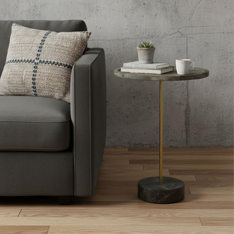 30" Solid Wood And Marble Round End Table - Black And Brown
