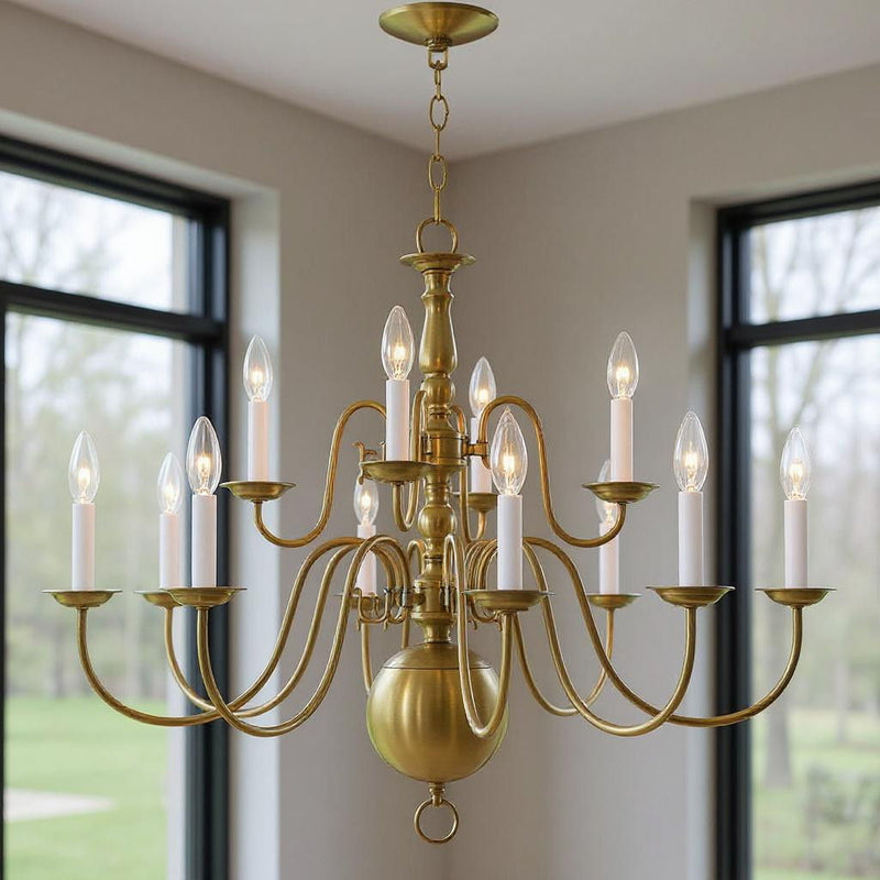 26" Twelve Light Dimmable Chandelier With Shades - Antiqued Brass