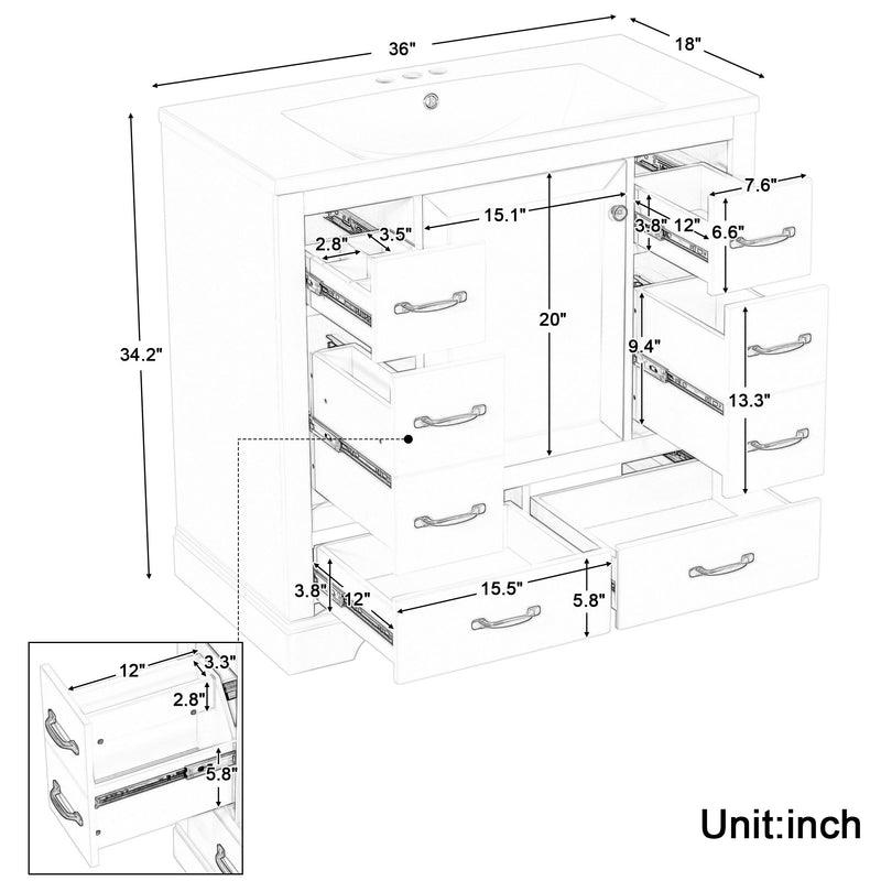 Modern Bathroom Vanity With Sink, 6 Drawers, Adjustable Shelf
