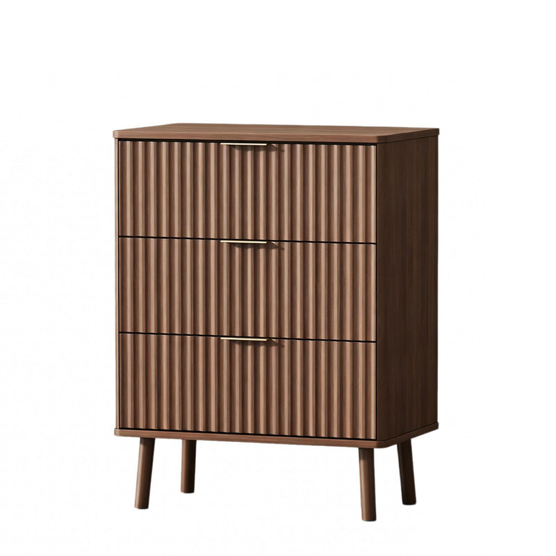 Wood Ribbed Texture Three Drawer Nightstand With USB - Brown