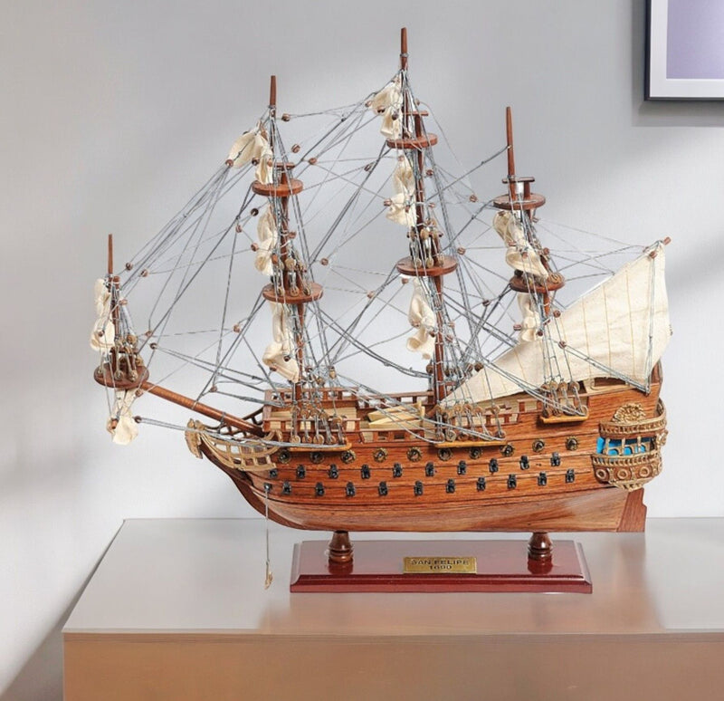 Hand Painted San Felipe 1690 Small Model Boat - Brown