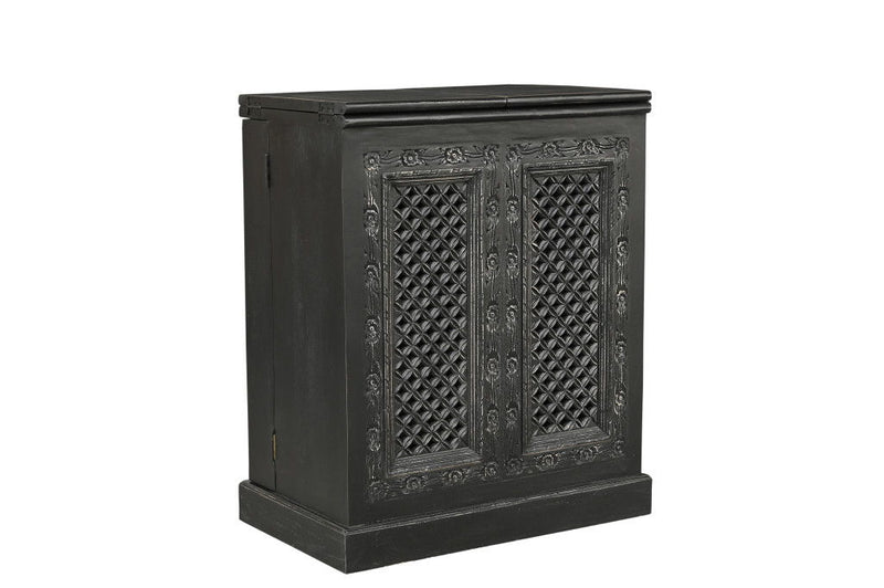 Solid Wood Carved Floral Bar Cabinet With Two Doors One Drawer (727848) - Black