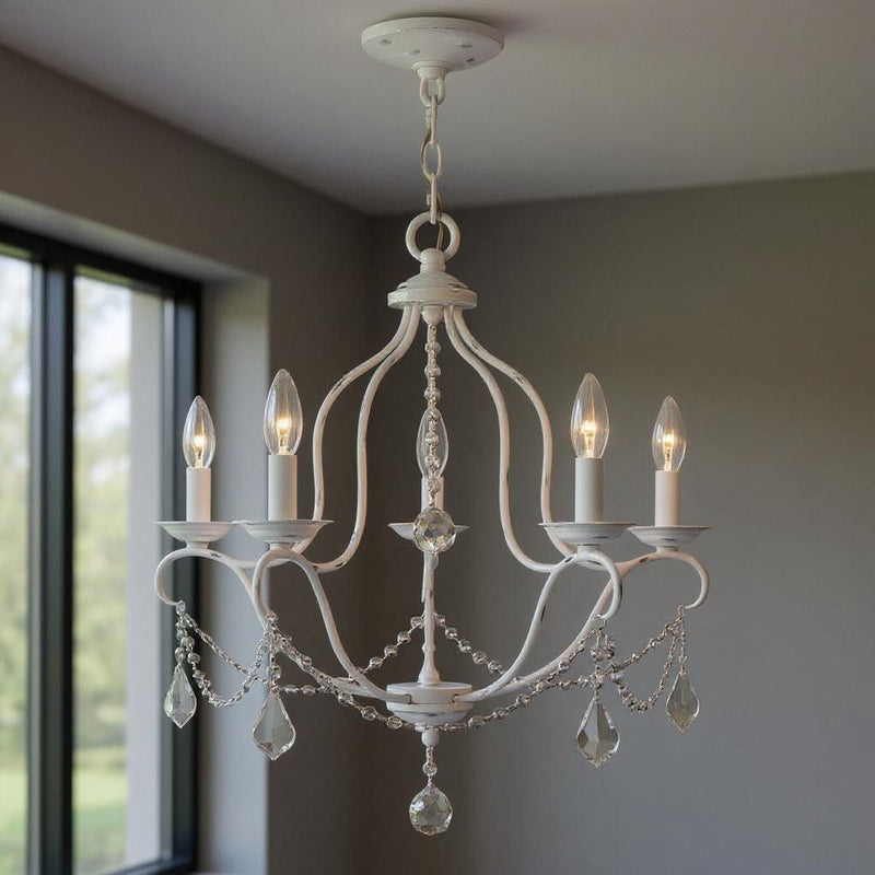 24" Five Light Dimmable Chandelier With Shades - Antiqued White