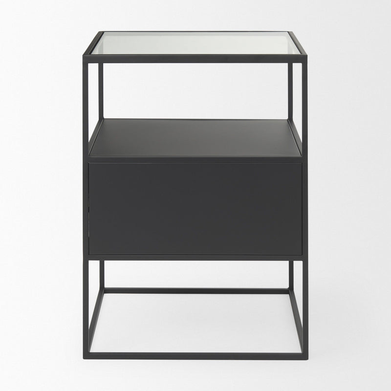 21" Clear And Glass And Metal Square Frame End Table With Two Shelves - Black