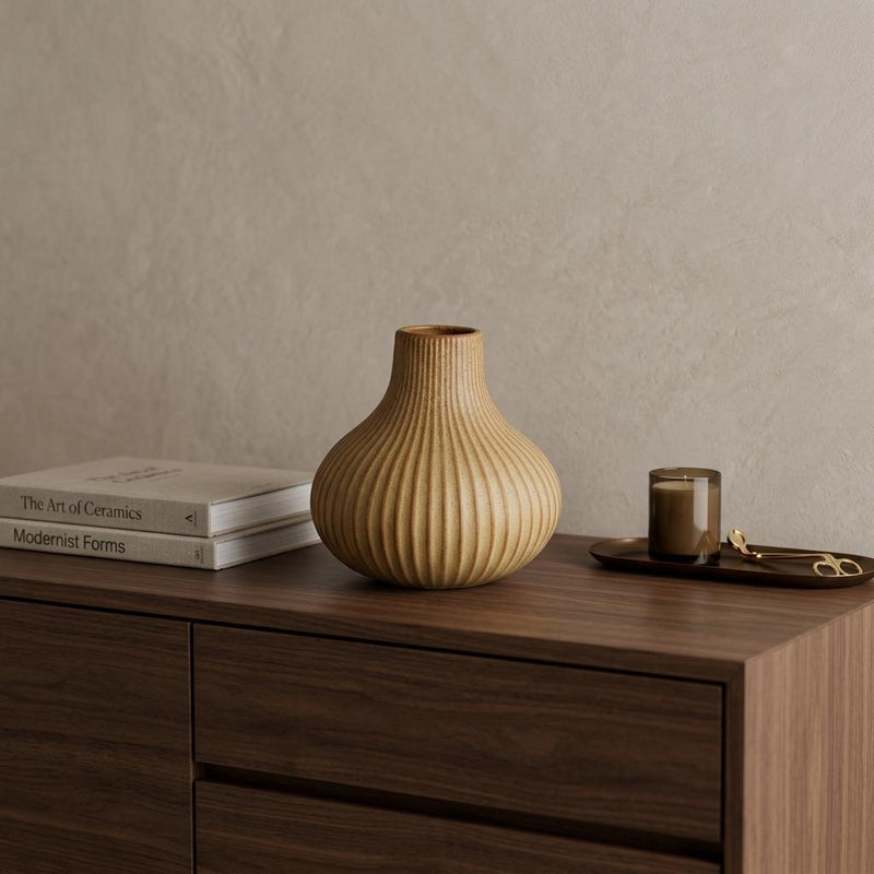 Ribbed Ceramic Tapered Table Vase - Sand