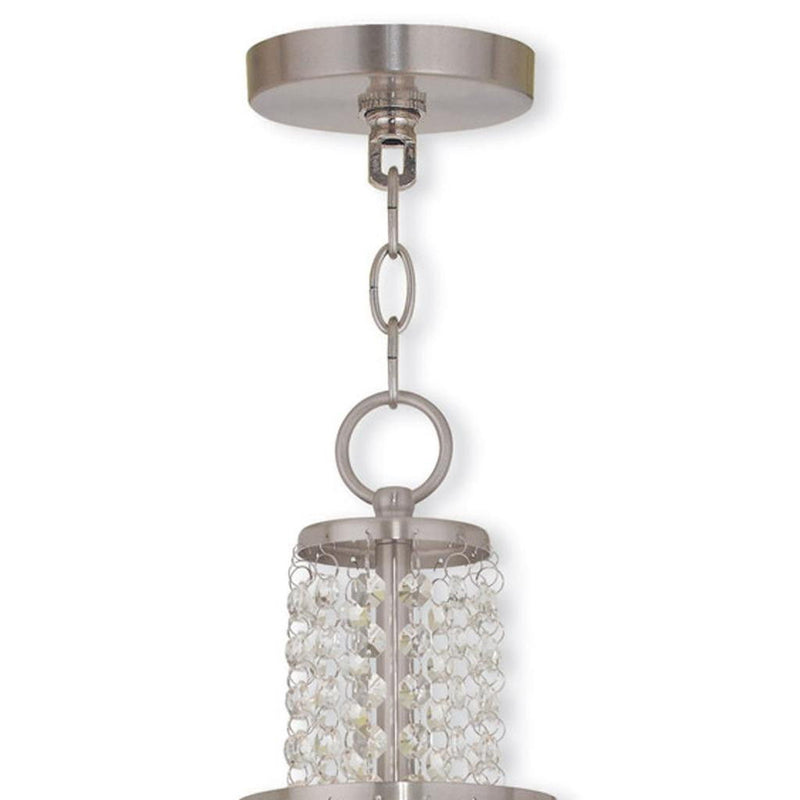 20" Three Light Metal Dimmable Chandelier With Shades - Nickel / Clear / Off White