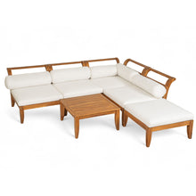 Load image into Gallery viewer, 6 Piece Patio Sofa Set, Acacia Wood Outdoor Modular Sectional Garden Furniture Set L Shaped Conversation Set, Convertible Daybed With Tea Table, Ottoman, 5 Cushions And Pillows - Teak / Beige
