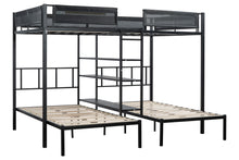 Load image into Gallery viewer, Metal Full over Twin Beds with Shelves/ Sturdy Metal Frame/ Noise-Free Wood Slats/ Comfortable Textilene Guardrail/ Bunk Bed for Three/ Built-in 3-Tier Shelves/ No Box Spring Needed
