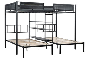 Metal Full over Twin Beds with Shelves/ Sturdy Metal Frame/ Noise-Free Wood Slats/ Comfortable Textilene Guardrail/ Bunk Bed for Three/ Built-in 3-Tier Shelves/ No Box Spring Needed