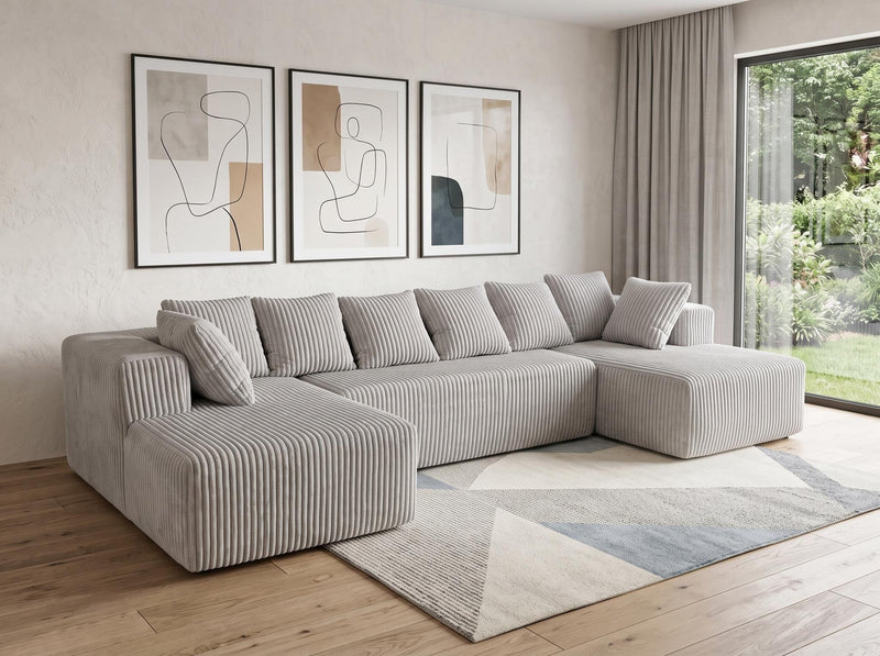 Corduroy Modular U Shaped Three Piece Sofa And Chaise Sectional With Console And Toss Pillows - Gray