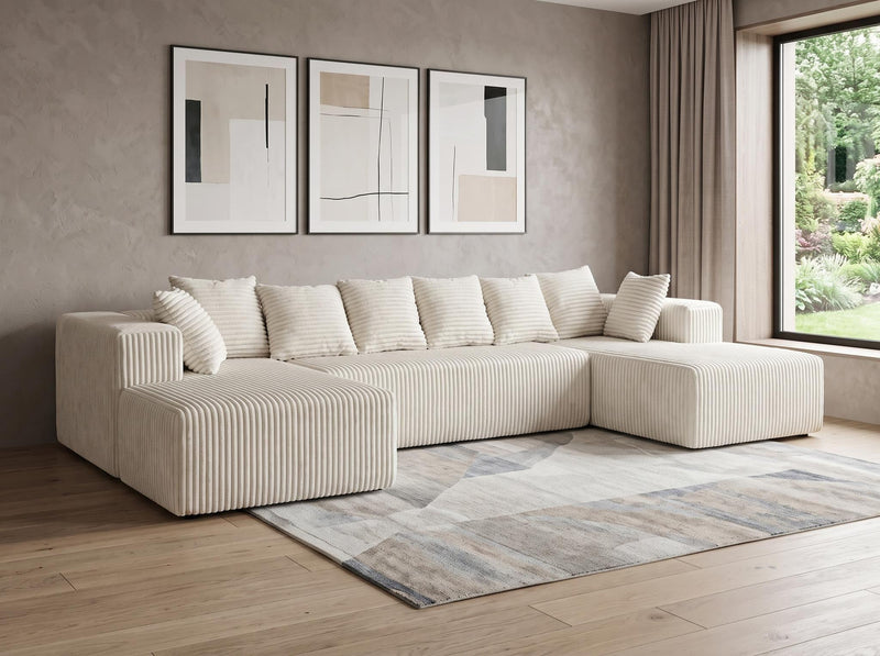 Corduroy Modular U Shaped Three Piece Sofa And Chaise Sectional With Console And Toss Pillows - Beige