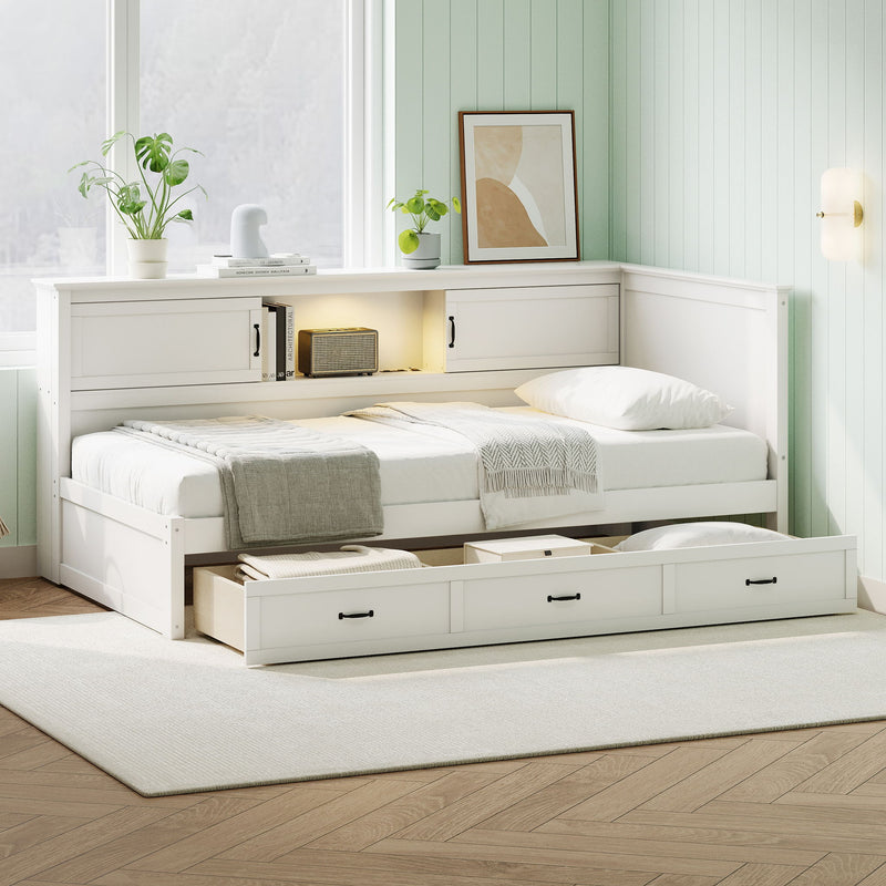 Twin Size L - Shaped Captain Bed With Drawer And Bookcase, LED Downlight And USB Charging Station - White