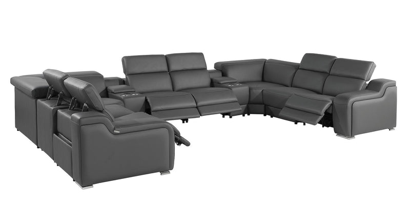 Italian Leather Power Reclining U-Shaped Ten Piece Corner Sectional With Console - Dark Gray