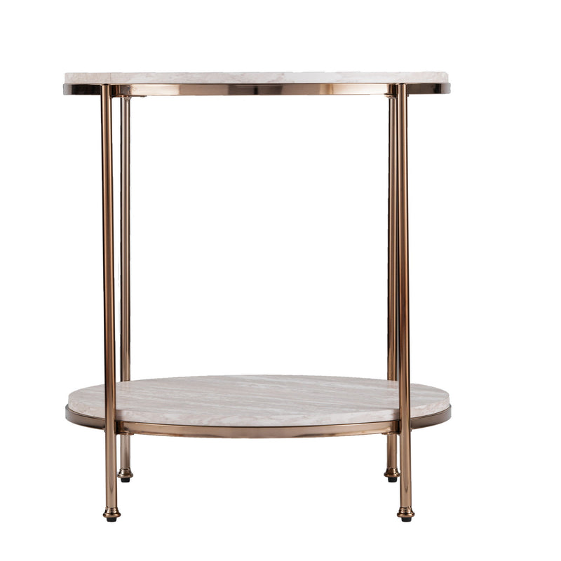Faux Marble And Iron Round End Table With Shelf - Champagne