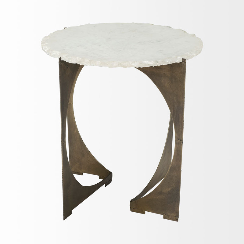 Marble Round End Table - Brown And White