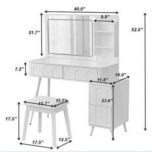 Modern Makeup Vanity Desk With LED Lights & Mirror 4 Drawer Dressing Table Set Space Saving For Bedroom - White