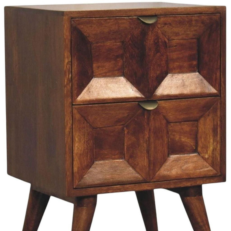 Solid Wood Carved Geometric Two Drawer Nightstand - Chestnut