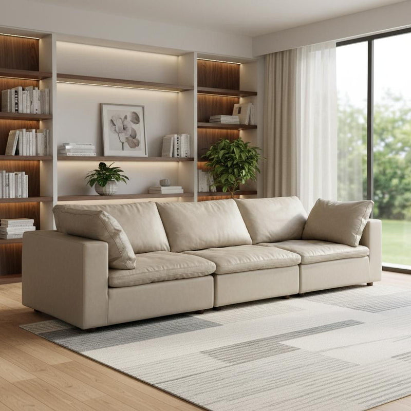 Top Grain Leather Reclining Solid Wood Sofa - Beige