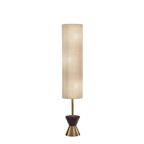Brass And Wood Textured Cylinder Floor Lamp - Beige