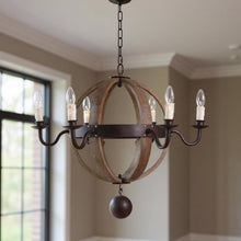 Load image into Gallery viewer, Wood And Metal Sphere Six Light Dimmable Chandelier - Brown
