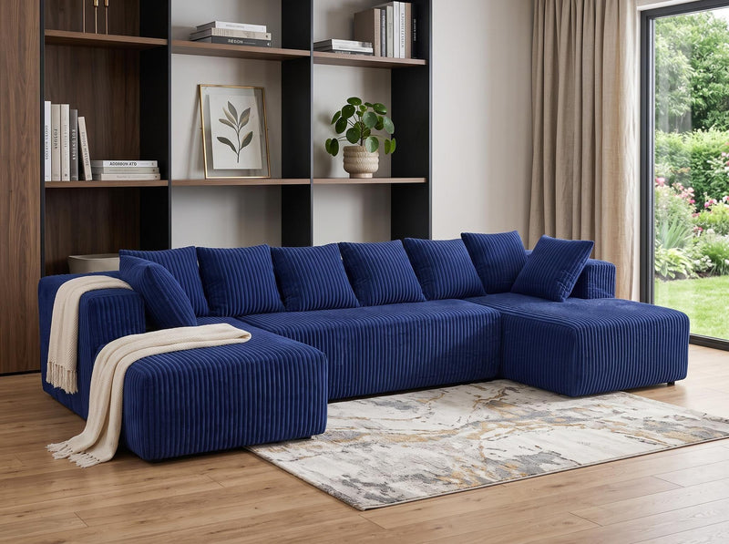 Corduroy Modular U Shaped Three Piece Corner Sectional With Console And Toss Pillows (754496) - Blue
