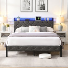 Load image into Gallery viewer, Queen Bed Frame with Storage Headboard, Charging Station and LED Lights, Upholstered Platform Bed with Heavy Metal Slats, No Box Spring Needed, Noise Free, Easy Assembly, Dark Gray
