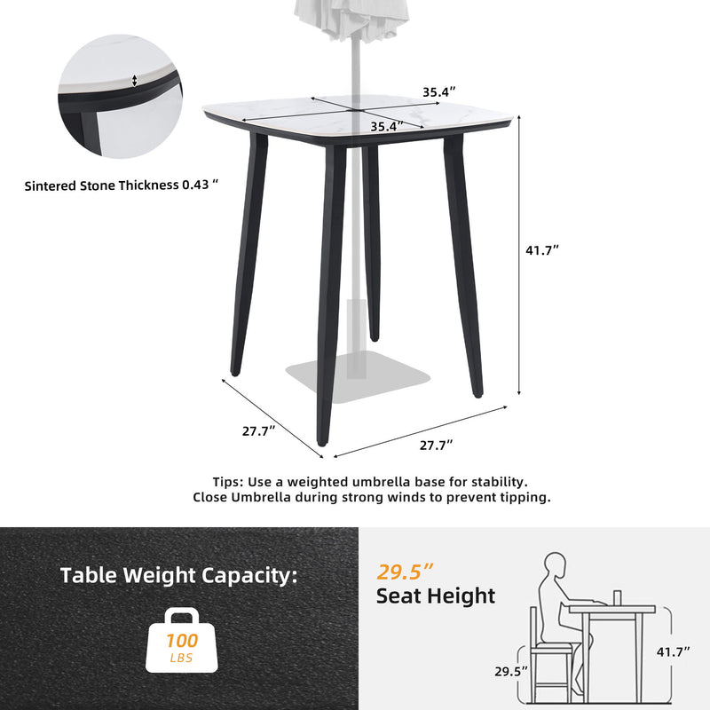 Outdoor Bar Table, Rounded Square Sintered Stone Top With Umbrella Hole, Rust Free Frame, Weatherproof - Ember Black / White