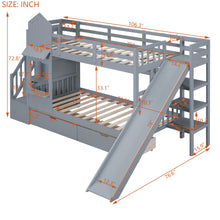 Load image into Gallery viewer, Twin-Over-Twin Castle Style Bunk Bed with 2 Drawers 3 Shelves and Slide - Gray
