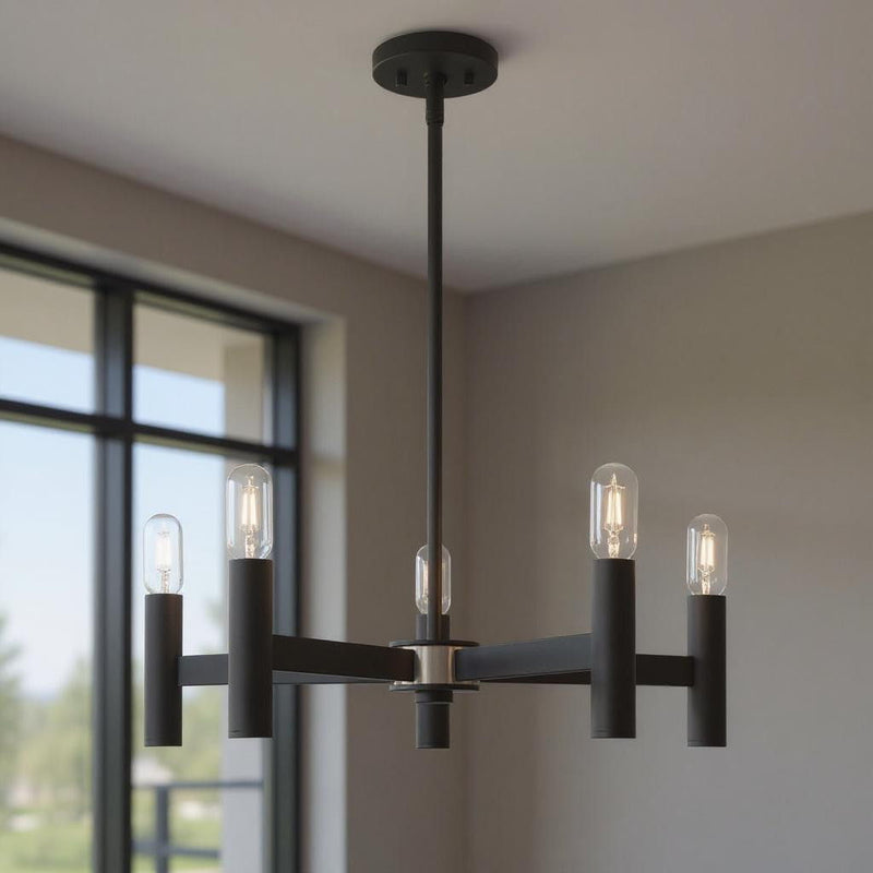 19" Five Light Dimmable Chandelier With Shades - Black