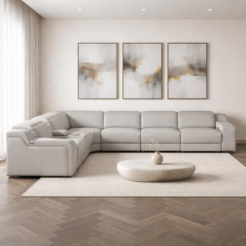 Italian Leather Power Reclining Curved Seven Piece Corner Sectional With Console - Light Gray