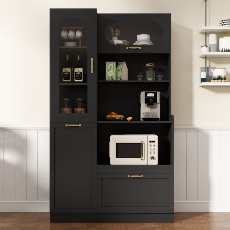 Tall Freestanding Kitchen Pantry Cabinet With Arched Glass Door
