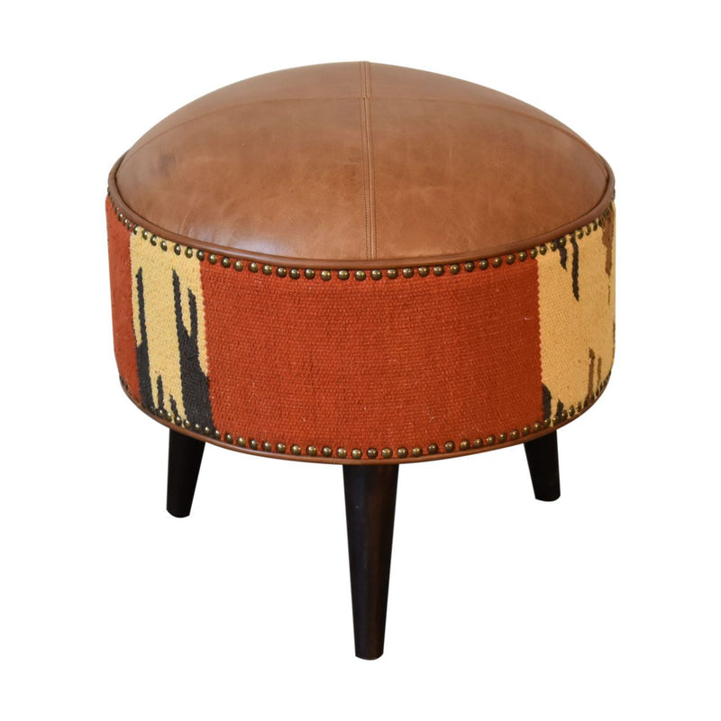 Leather Round Footstool (723463) - Brown