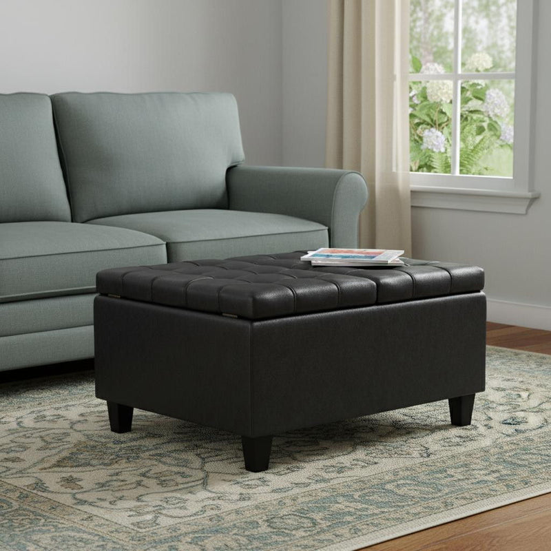 30" Transitional Leather Cocktail Ottoman With Storage - Black