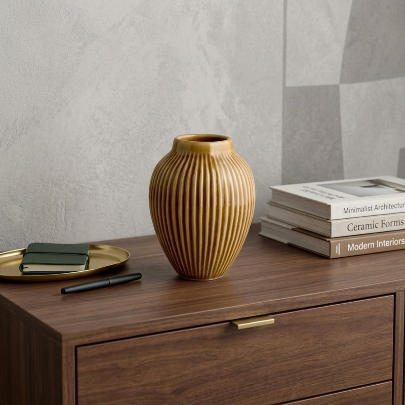Ribbed Ceramic Oval Table Vase - Brown