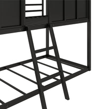 Load image into Gallery viewer, Twin over Twin Size Metal Low Bunk Beds with Roof and Fence-shaped Guardrail, Black
